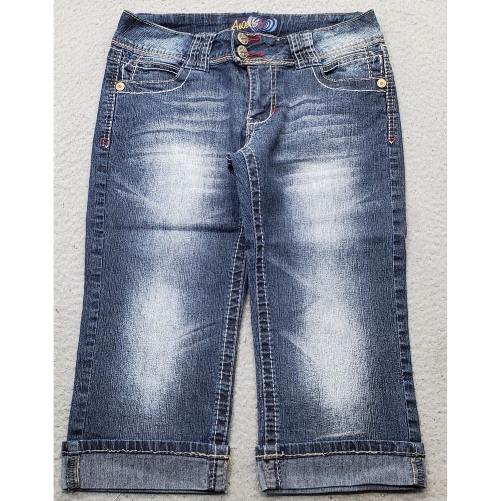 Angels Forever Young Capri Jeans Womens 7 Blue Denim Faded Cuffed Hem Button Fly
